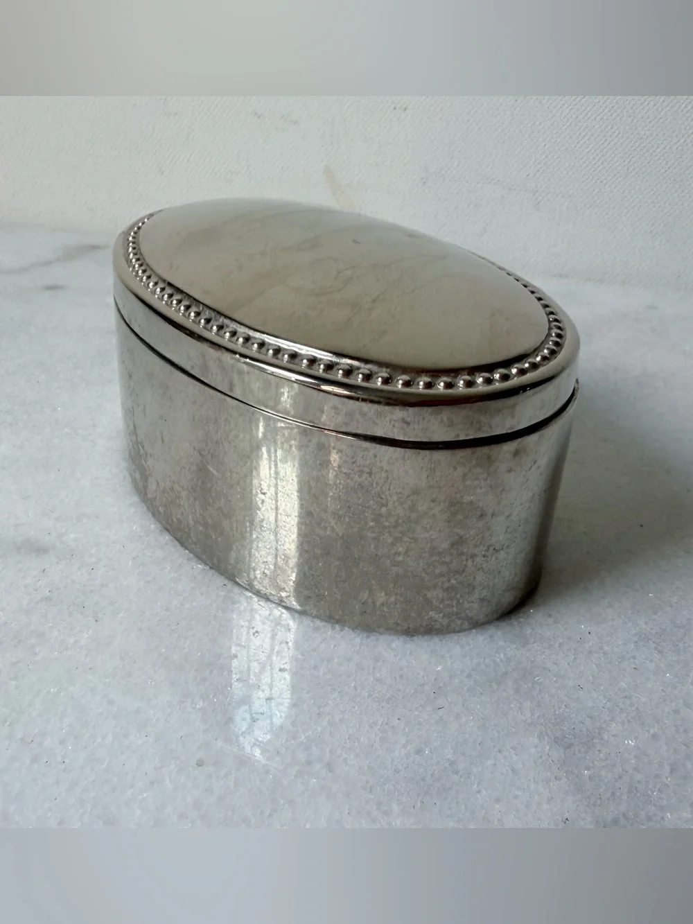 Vintage Oval Silver-tone Trinket Jewelry Box monogrammed